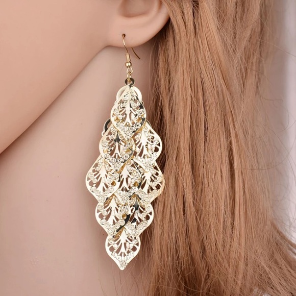 Gold Tone Long Leaves Earrings - Picture 4 of 4